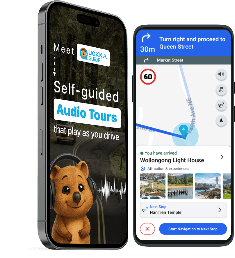 QuokkaGuide self-guided audio driving tour app showing a GPS-triggered NSW route on iPhone